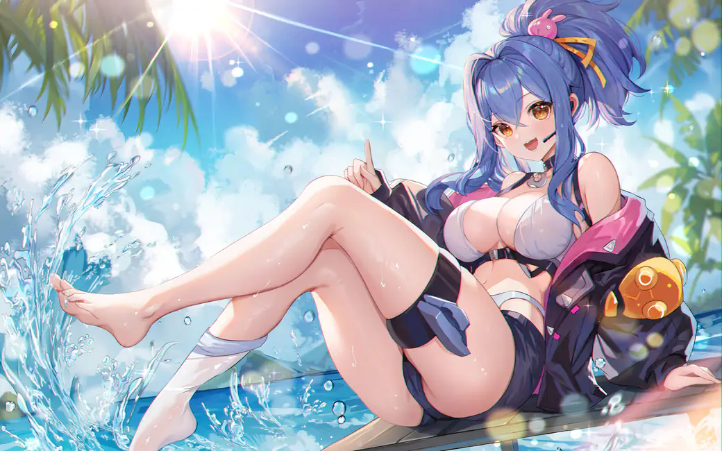 Anime Girl at Lake Pier in Bikini — desktop and phone wallpaper, free download