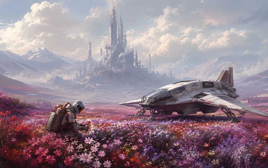 Astronaut collects flowers on an extraterrestrial planet — desktop and phone wallpaper, free download