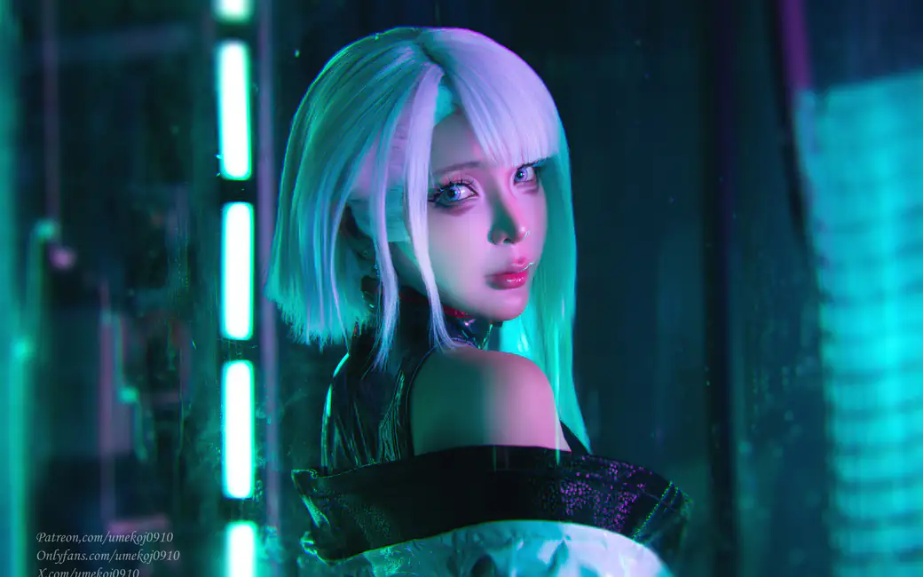 UmekoJ in the cyberpunk image of Lucyna Kushinada — desktop and phone wallpaper, free download