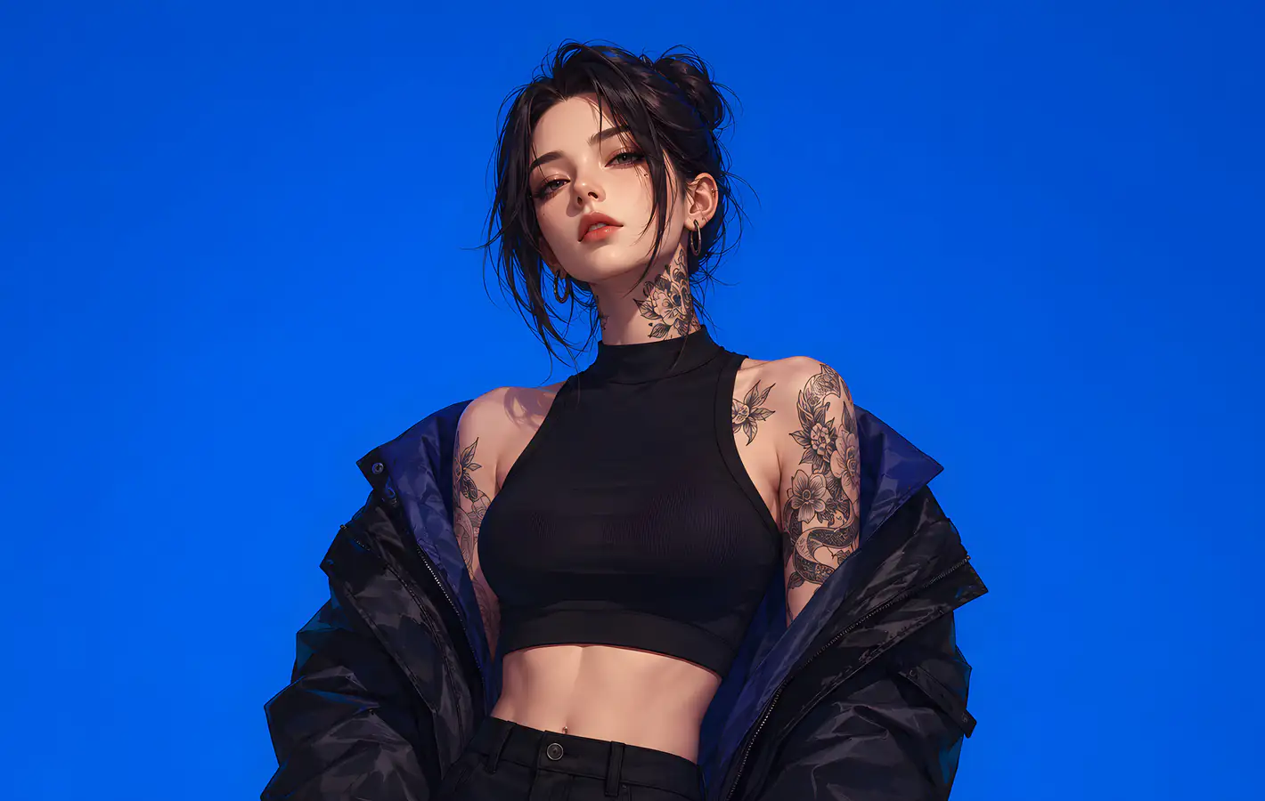 Fashionable altushka with tattoos and a jacket — desktop and phone wallpaper, free download