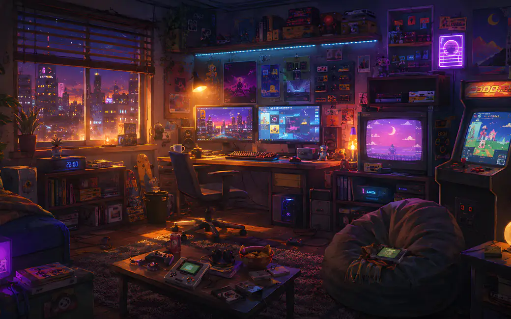 Neon Retro Gaming Room Setup — desktop and phone wallpaper, free download