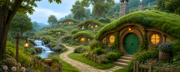 5K2K UltraWide 21:9 Fantasy wallpapers (5120x2160): hobbit village, village, grass, waterfall