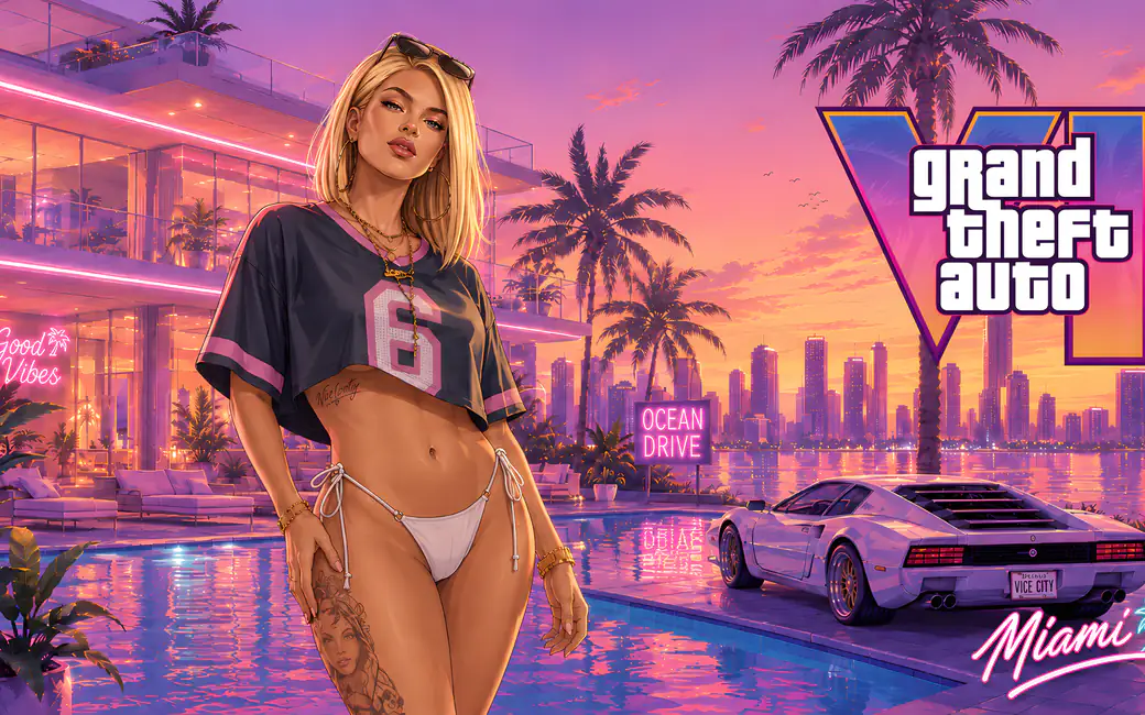 Girl on the background of Vice City from GTA 6 — desktop and phone wallpaper, free download