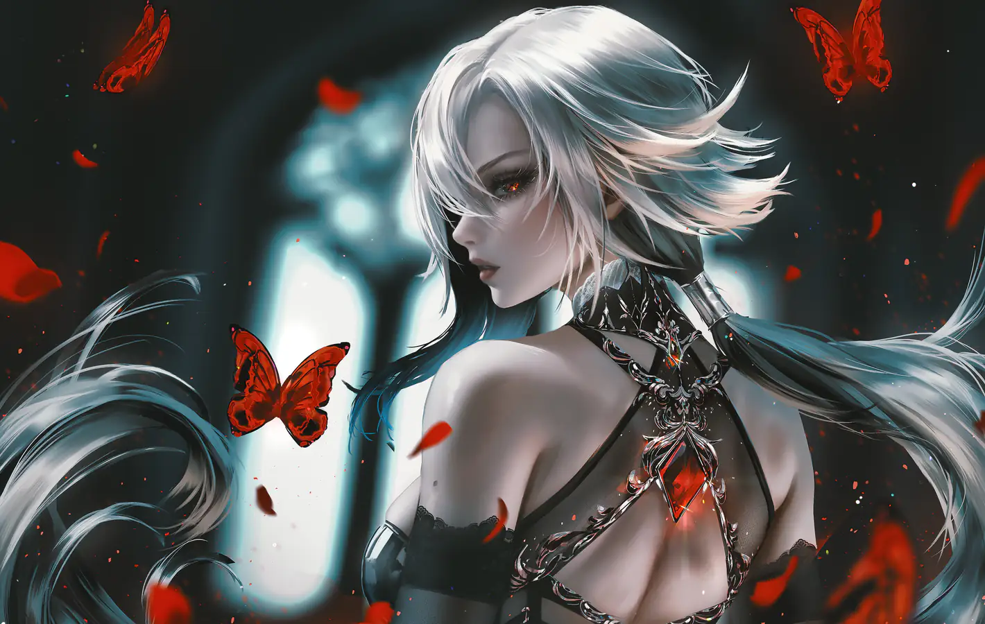 Arlecchino from Genshin Impact with butterflies — desktop and phone wallpaper, free download