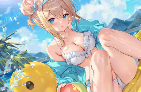 QWXGA sky wallpapers (2048x1152): anime girl, blonde, blue eyes, swimsuit
