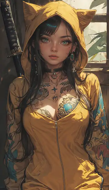 AI generated Wallpapers for iPhone X/XS/11 Pro (1125x2436): alt girl, woman, brunette, tattoos