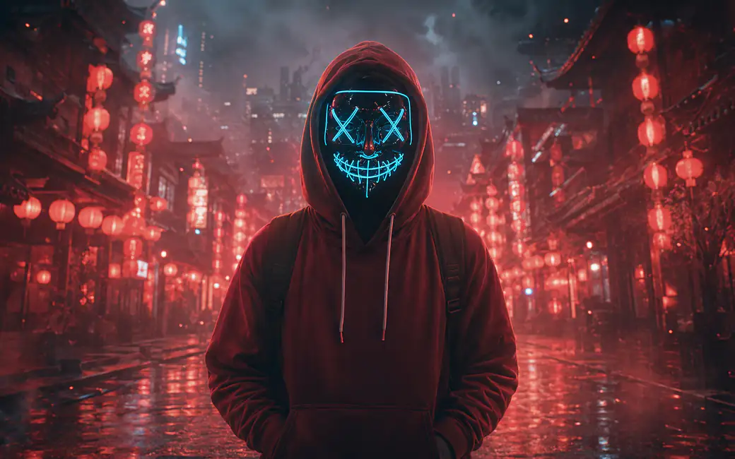 Man in a neon LED Doomsday mask — desktop and phone wallpaper, free download