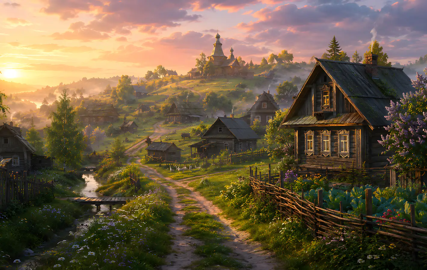 Slavic Village Sunrise Scene — desktop and phone wallpaper, free download