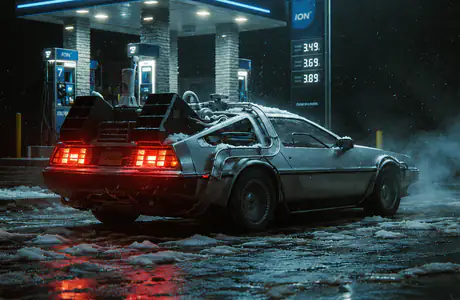 QWXGA night wallpapers (2048x1152): DeLorean DMC-12, Back to the Future, gas station, winter