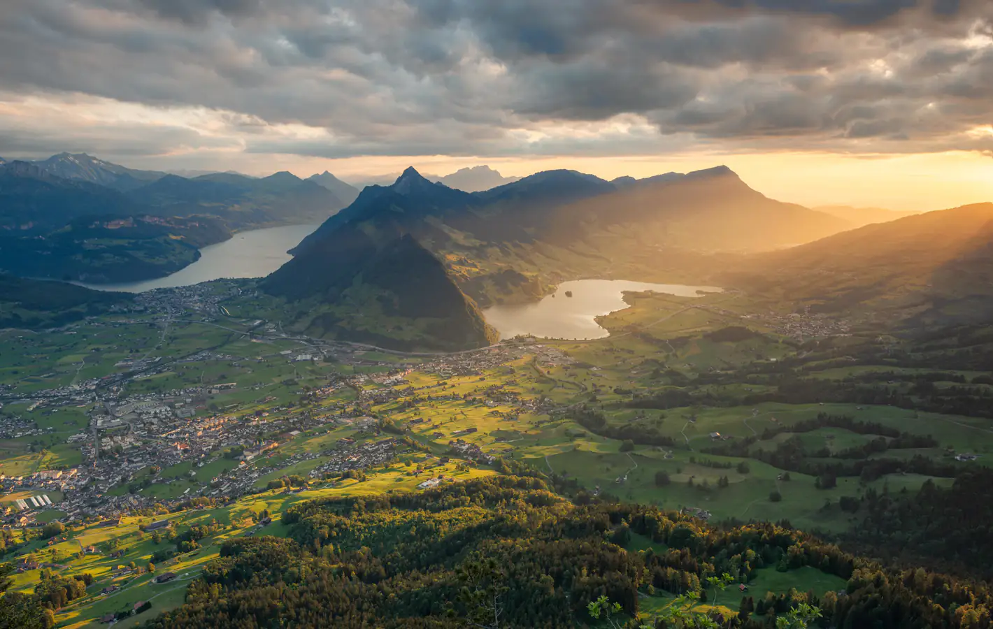 Swiss Mountain Village at Sunset — desktop and phone wallpaper, free download