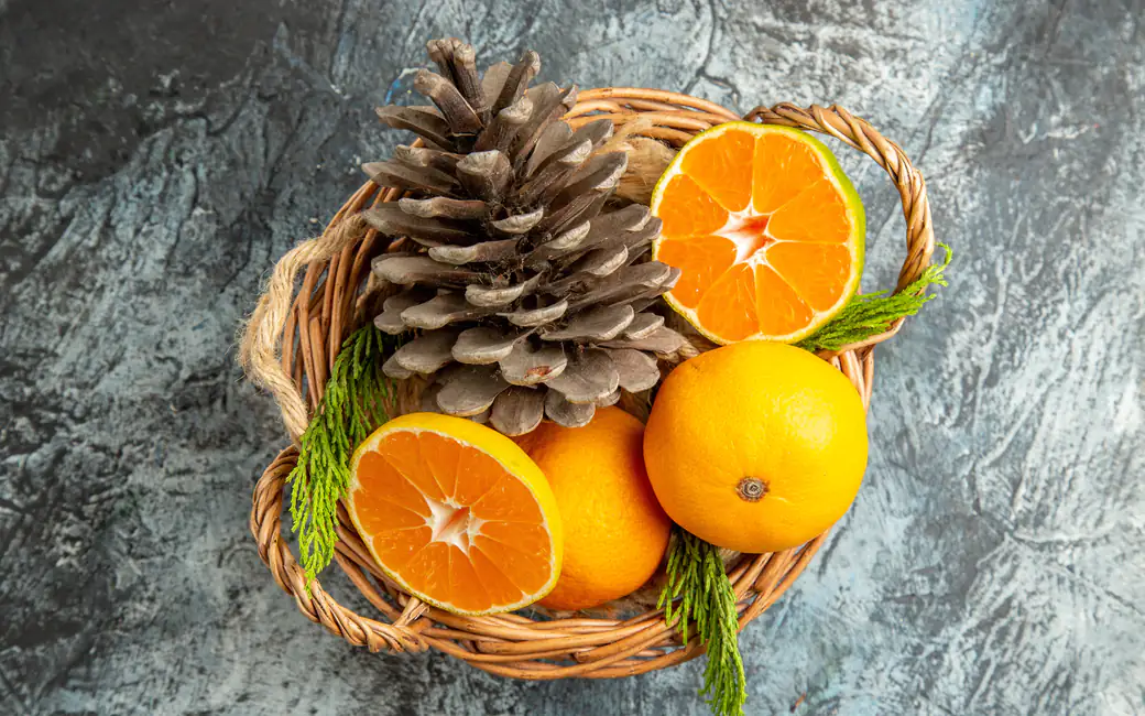 Basket with Oranges and Pinecone — desktop and phone wallpaper, free download