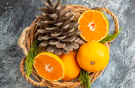 Food wallpapers: orange, pinecone, branch, basket