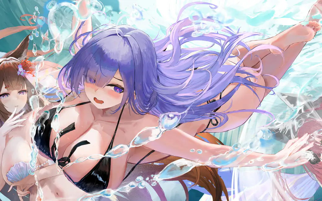 Amagi and Mogador in swimsuits underwater — desktop and phone wallpaper, free download