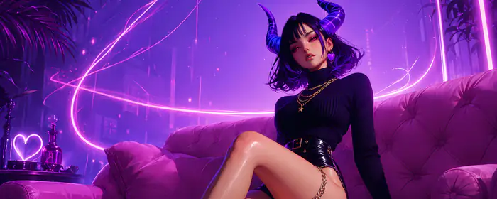 UltraWide 32:9 devil wallpapers (5120x1440): woman, purple hair, neon, pink eyes
