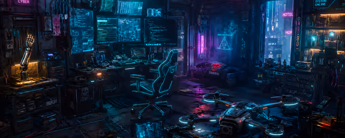Interior design wallpapers: cyberpunk, room, neon, quadcopter