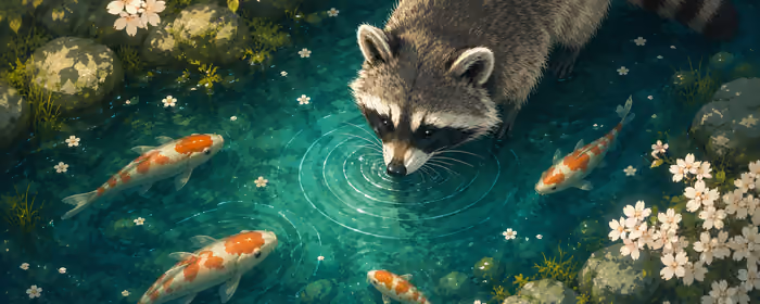 Dual Monitor Wallpapers Cute animals (7680x2160): raccoon, koi fish, stream, flowers