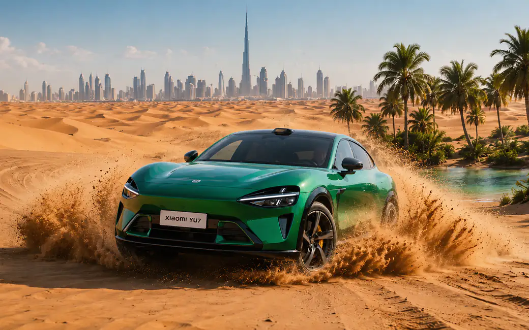 Green Xiaomi YU7 in the Dubai Desert — desktop and phone wallpaper, free download