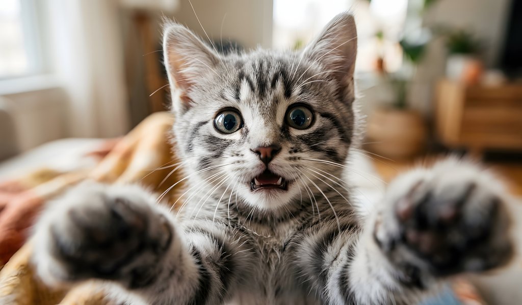 Gray Kitten on Bed - WSVGA wallpapers in 1024x600 resolution