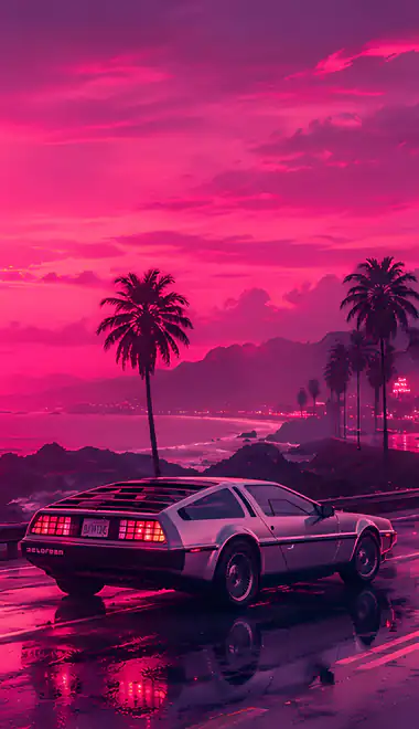 Обои отражение для iPhone 17 Pro Max/16 Pro Max (1320x2868): DeLorean DMC-12, ретровейв, неон, тропики