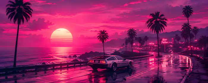 UltraWide 32:9 обои закат (3840x1080): DeLorean DMC-12, ретровейв, неон, тропики