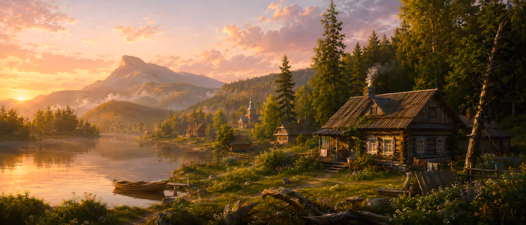 Slavic Village by River at Sunset — desktop and phone wallpaper, free download