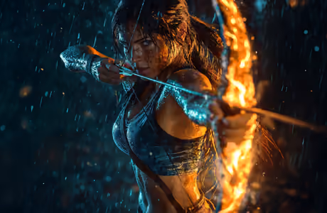Обои игры: Tomb Raider, лук (оружие), девушка, бой