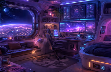 Обои космос: космический корабль, киберпанк, комната, неон