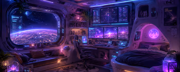 Обои экран для двух мониторов (7680x2160): космический корабль, киберпанк, комната, неон