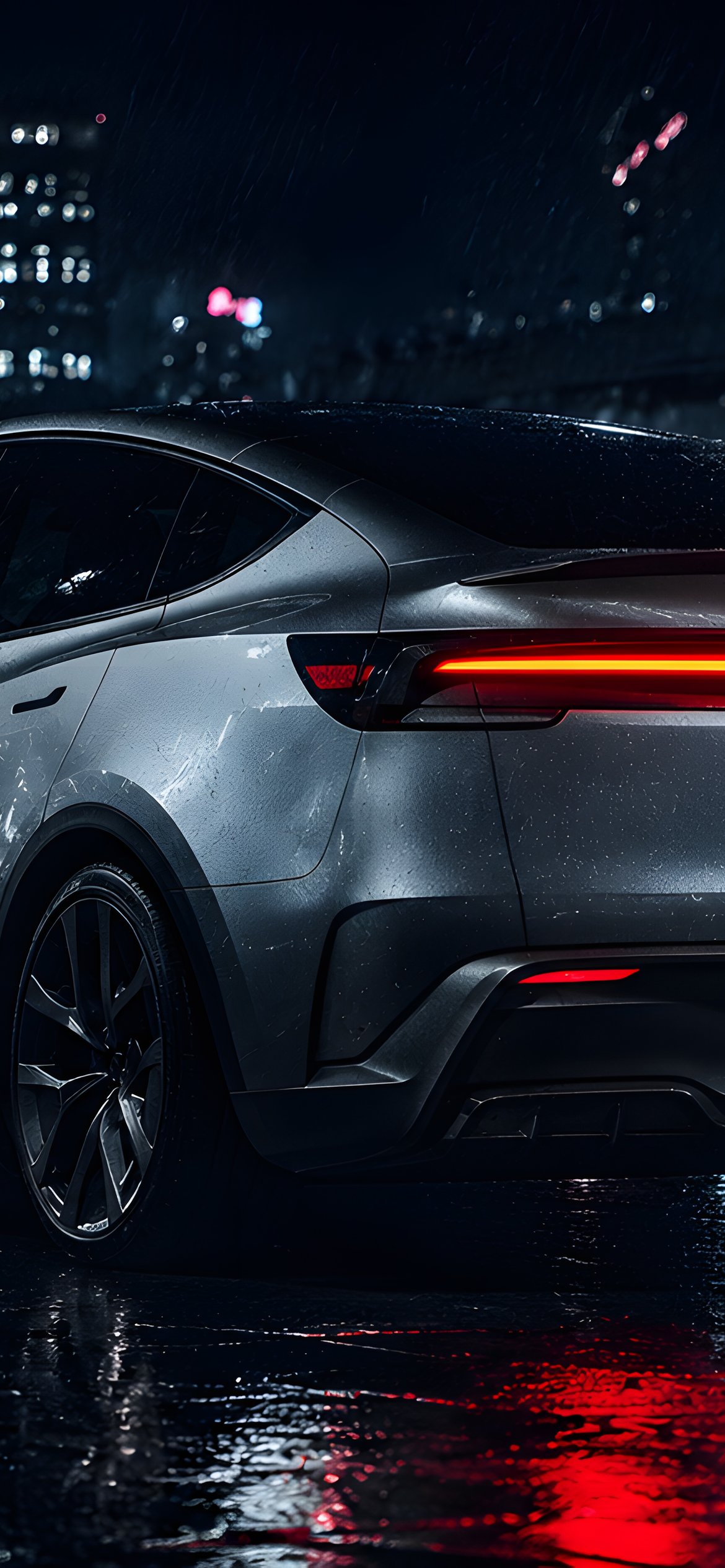 Tesla Model Y Performance ночью - Обои для iPhone 12 Pro/13 Pro/14 в разрешении 1170x2532