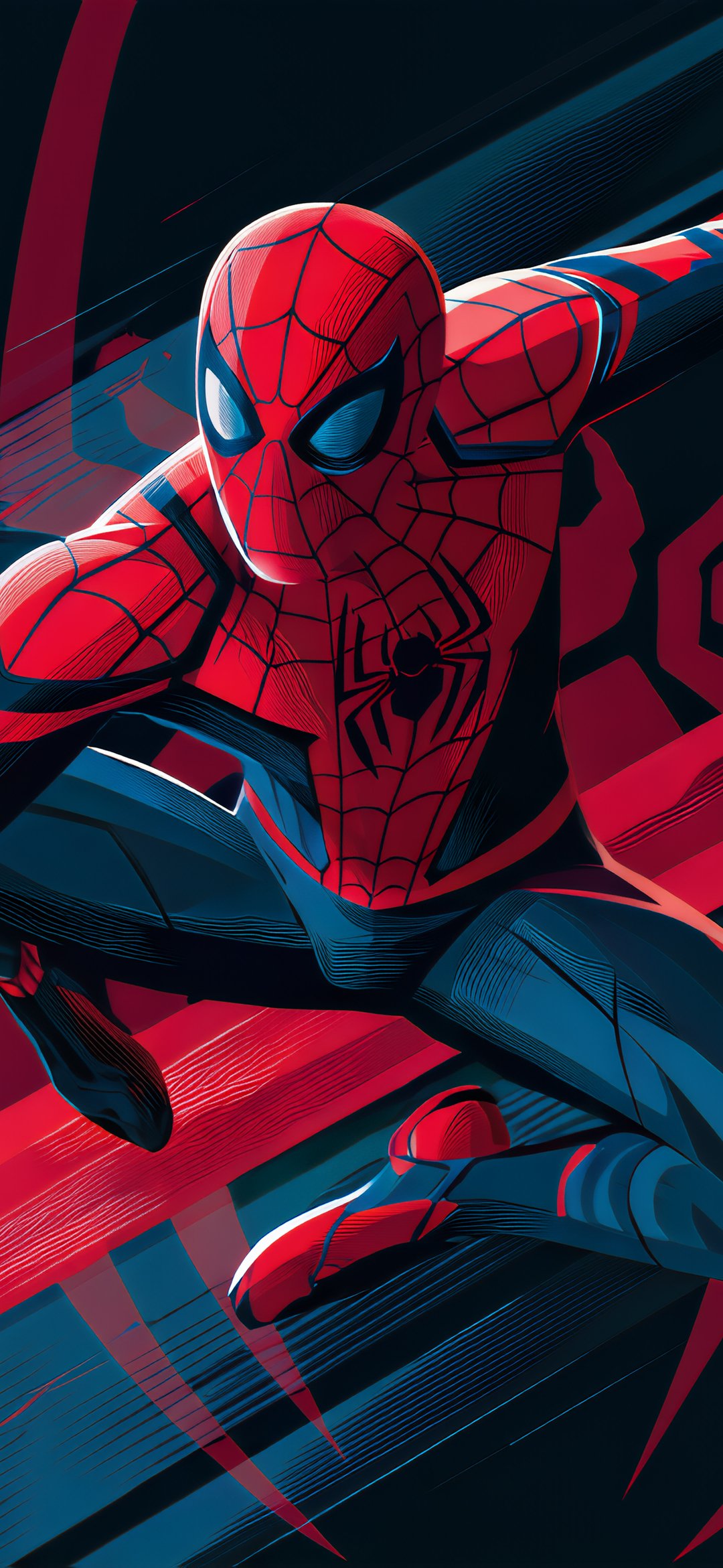 Spider-Man jumping with web - Wallpapers for iPhone 12 mini/13 mini, Samsung Galaxy S24/S24 FE/S25/S25 FE/S26/A55/A56/A35/A26/A16/M15, Xiaomi, Sony Xperia in 1080x2340 resolution