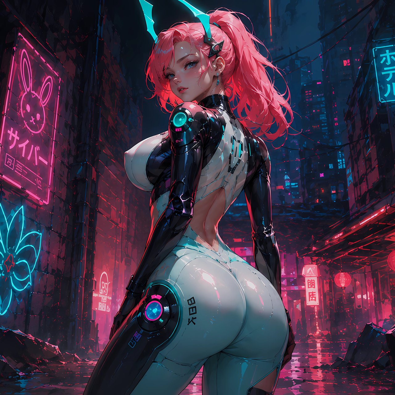 Cyberpunk girl on neon street - Wallpapers for Lenovo, Huawei in 1280x1280 resolution