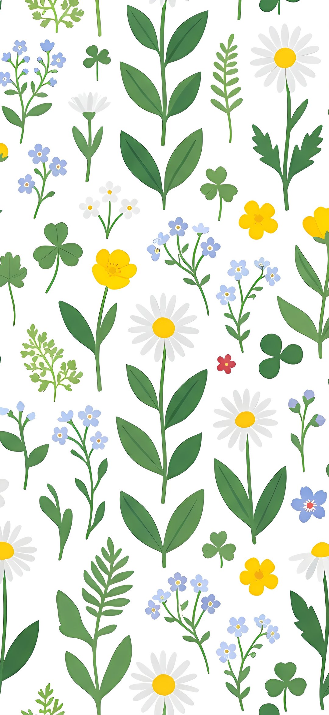 Chamomile Floral Pattern - Wallpapers for iPhone 12 mini/13 mini, Samsung Galaxy S24/S24 FE/S25/S25 FE/S26/A55/A56/A35/A26/A16/M15, Xiaomi, Sony Xperia in 1080x2340 resolution
