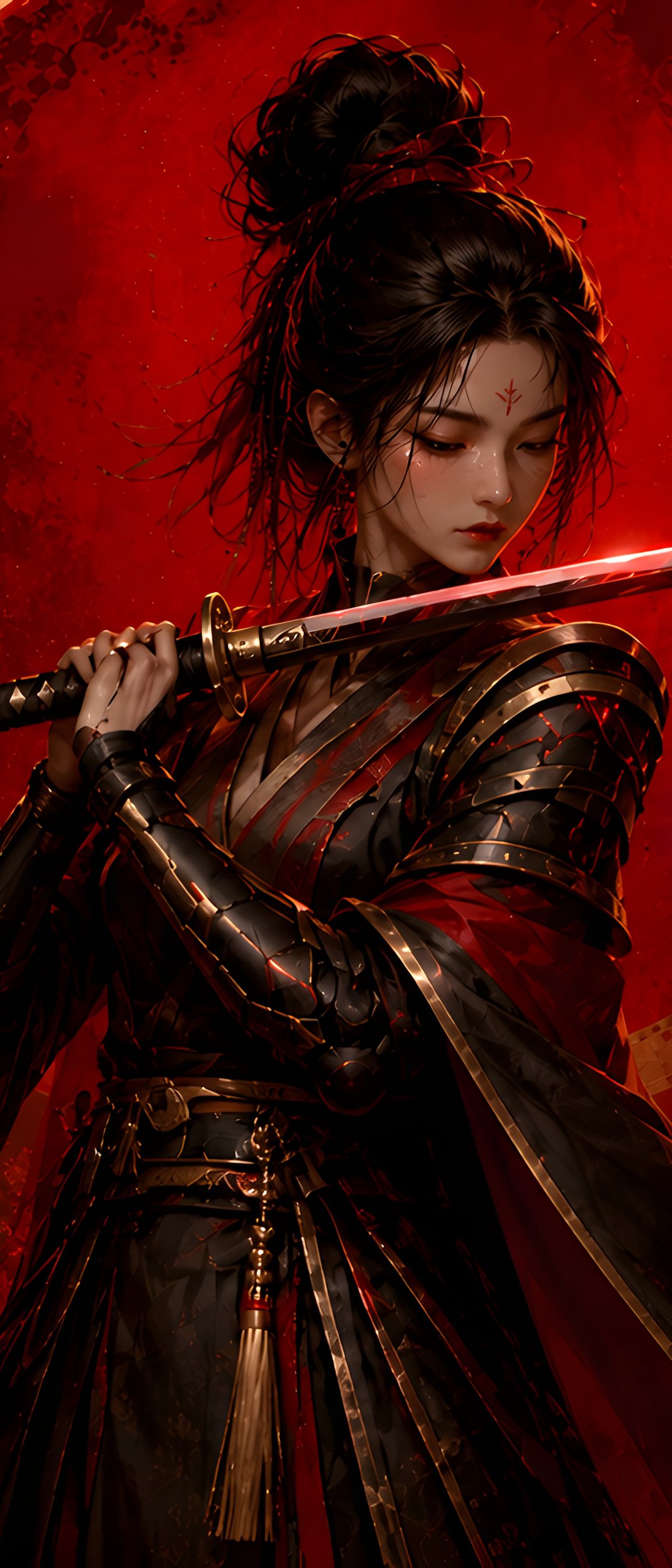 Samurai woman in traditional armor with katana - Wallpapers for Samsung Galaxy Z Flip7, Sony Xperia 5 II/5 III/5 V/10 IV/10 V, Xiaomi Mix Fold 3 in 1080x2520 resolution