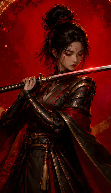 pose Wallpapers for Samsung Galaxy S22 Ultra/S23 Ultra (1440x3088): woman, samurai, brunette, outfit