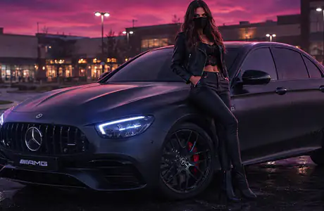 sunset Wallpapers for Apple iMac 24″ (4480x2520): Mercedes-Benz E63 AMG, Mercedes-Benz E-Class, woman, sedan