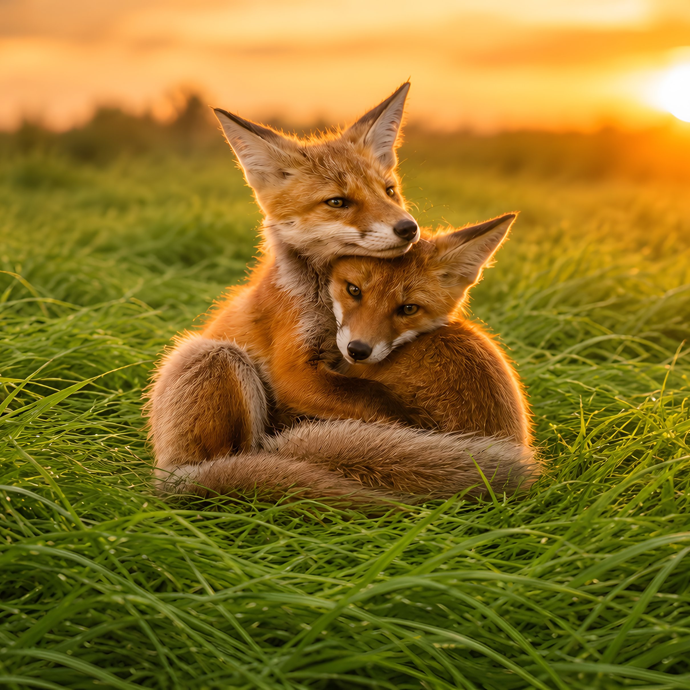 Cute foxes cuddle in a summer meadow - Wallpapers for iPad Pro 11″ 2024 in 2420x2420 resolution