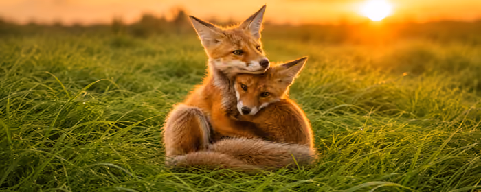Dual Monitor Wallpapers Cute animals (7680x2160): fox, grass, sunset, field