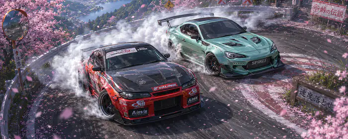 5K2K UltraWide 21:9 обои сакура (5120x2160): дрифт, Toyota GT86, Nissan Silvia, Япония