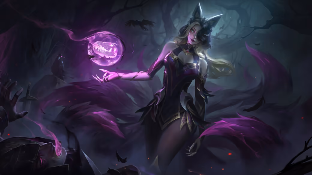 Ari from League Of Legends in the forest at night — desktop and phone wallpaper, free download