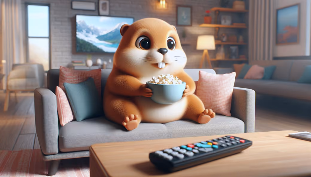 Cute hamster eating popcorn on sofa — desktop and phone wallpaper, free download