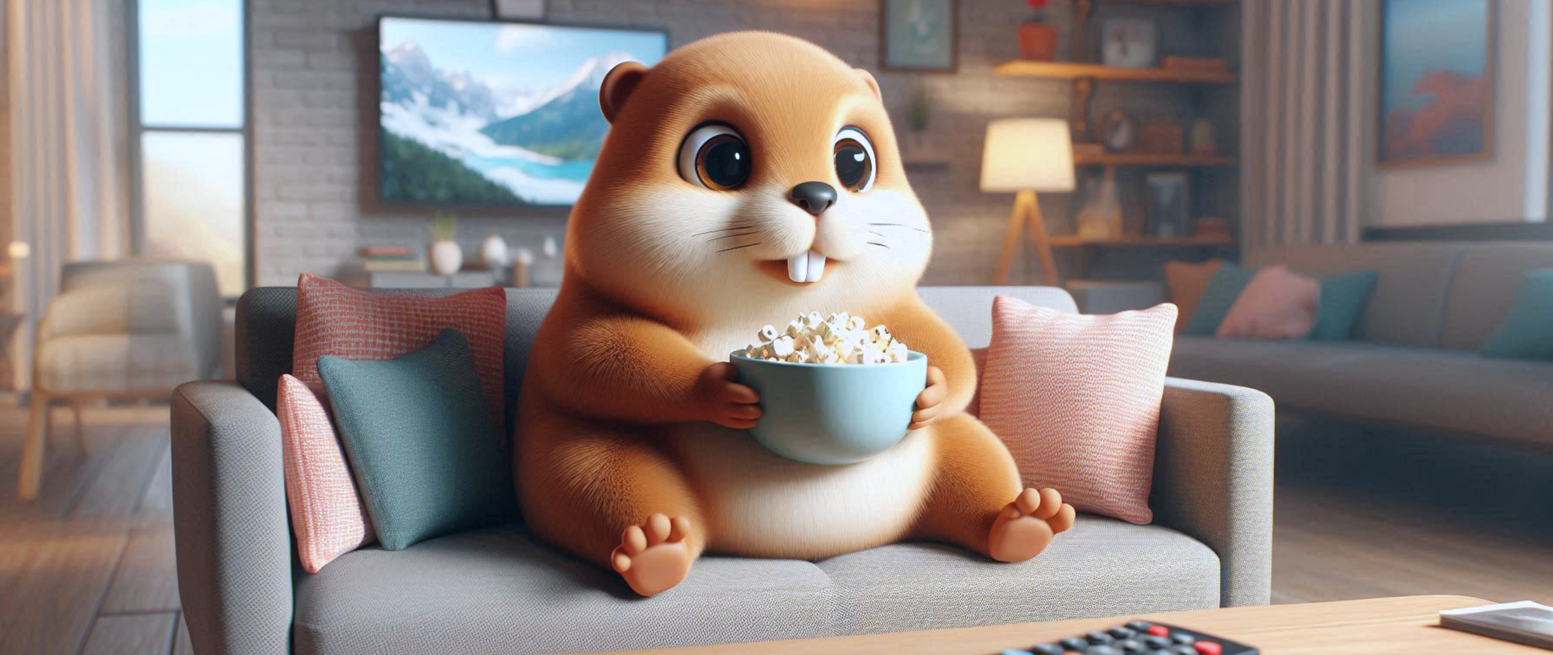 Cute hamster eating popcorn on sofa - 5K2K UltraWide 21:9 wallpapers in 5120x2160 resolution