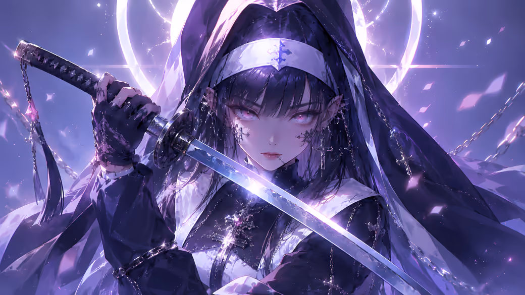 Anime Nun Warrior with Katana — desktop and phone wallpaper, free download