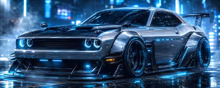 UltraWide 32:9 обои Dodge Challenger SRT (3840x1080): Dodge Challenger SRT, киберпанк, обвес, спойлер