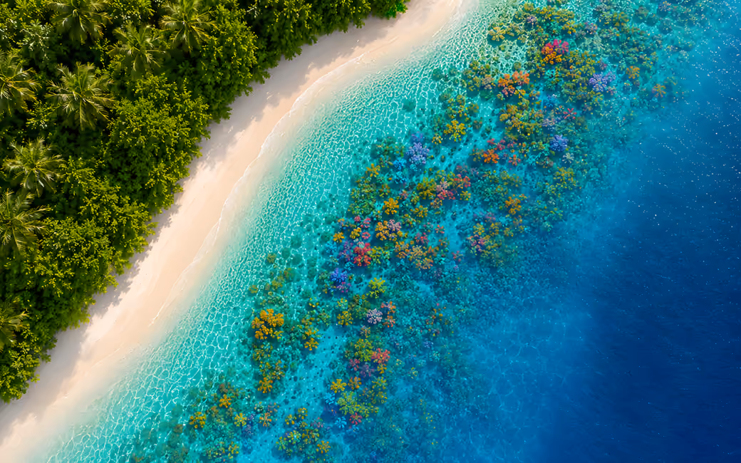 Tropical beach and colorful corals — desktop and phone wallpaper, free download