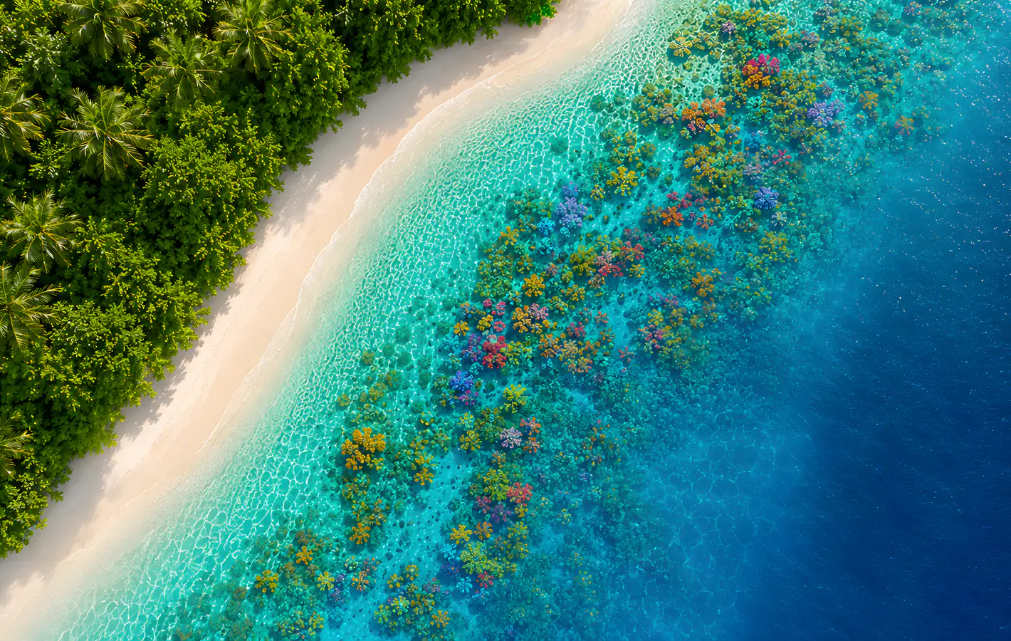 Tropical beach and colorful corals — desktop and phone wallpaper, free download