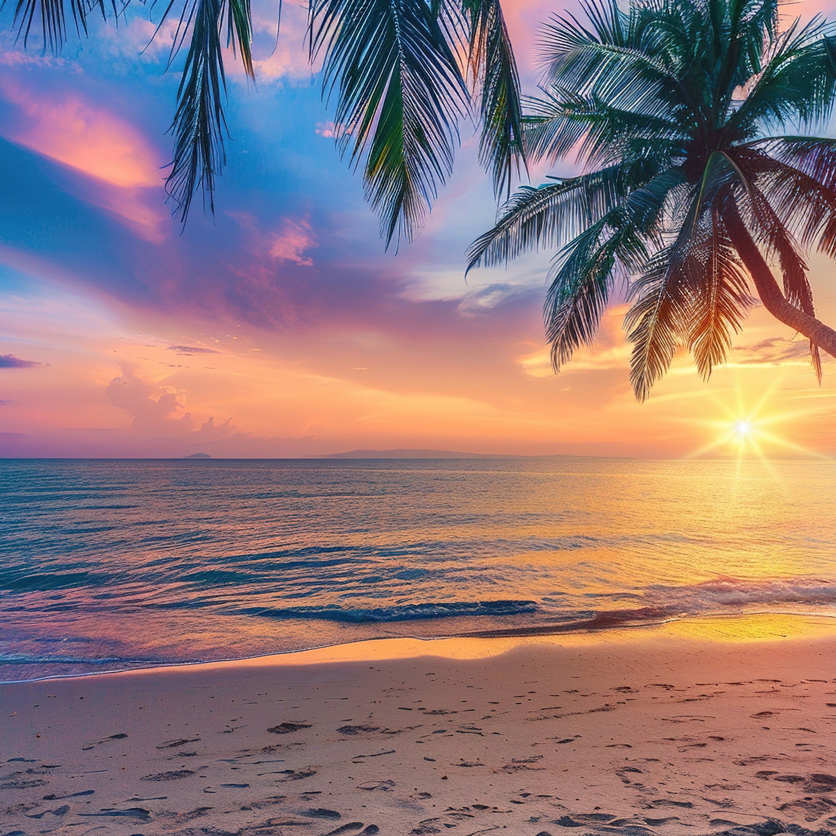 Clean beach with palm trees in an orange sunset - Wallpapers for iPad Pro 13″ in 2752x2752 resolution