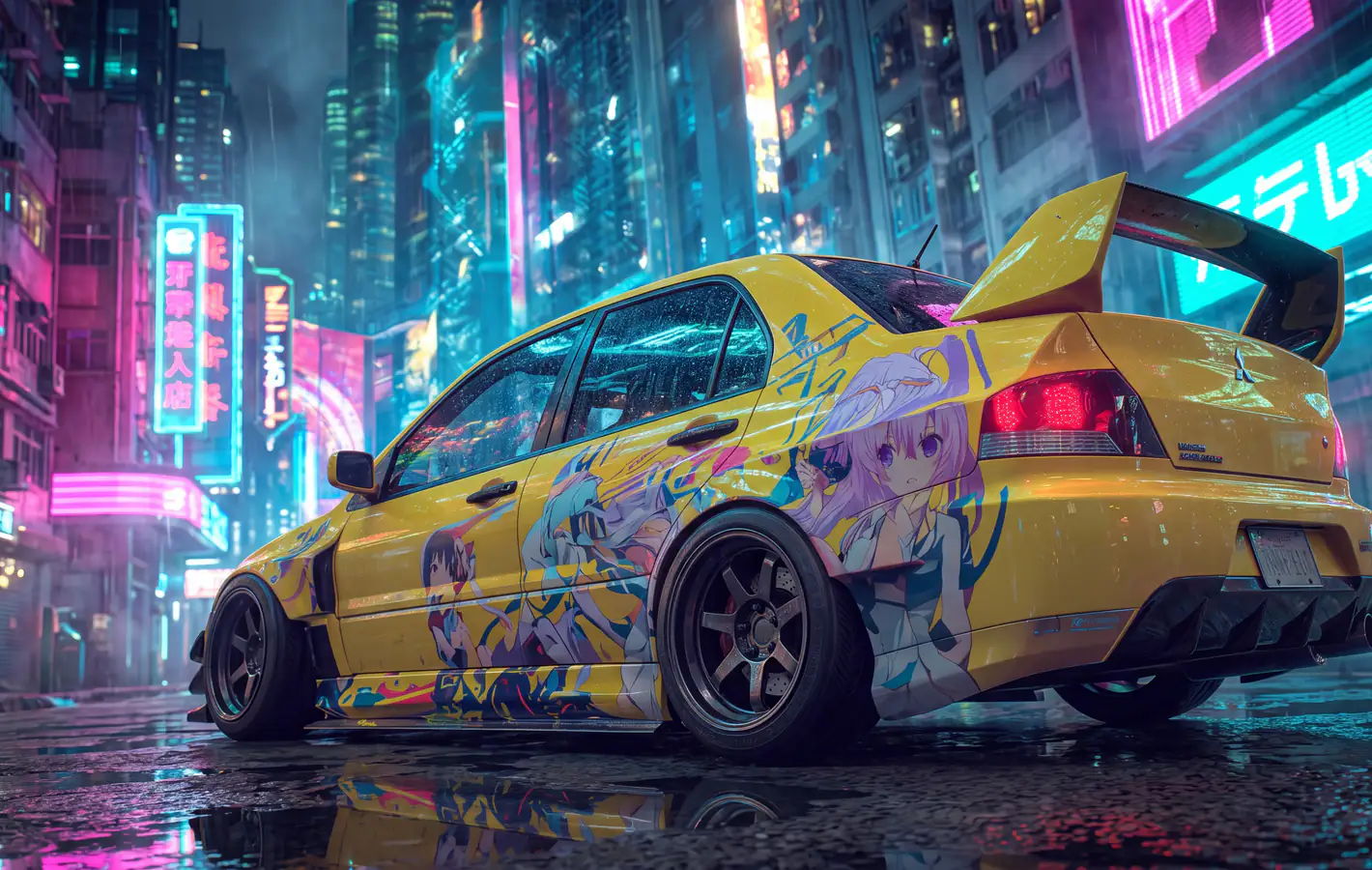 Mitsubishi Lancer Evolution with anime liveries — desktop and phone wallpaper, free download