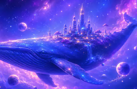 8K AI generated wallpapers (7680x4320): flying city, planet, whale, constellation