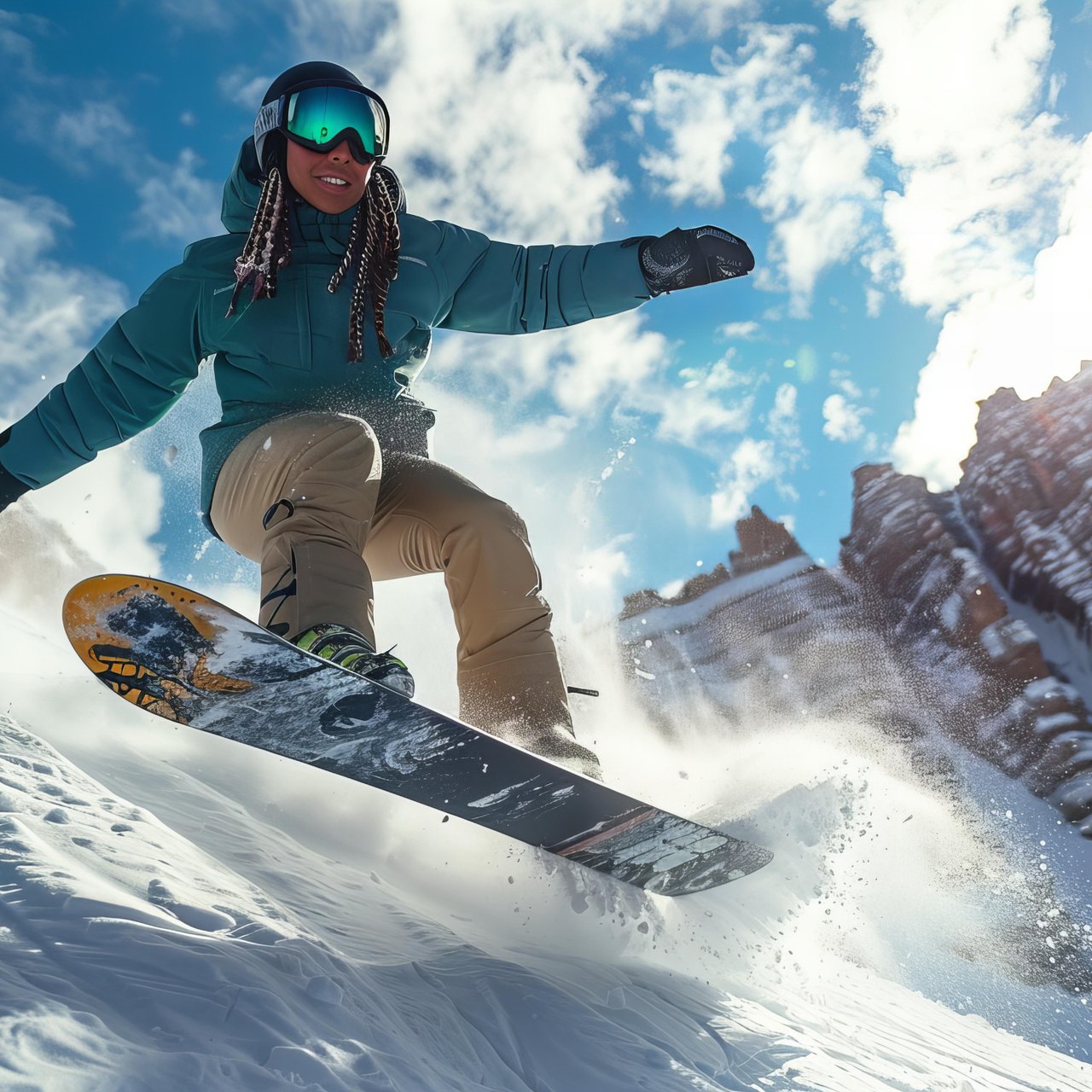 Female snowboarder rides on a mountain - Wallpapers for Lenovo, Huawei in 1280x1280 resolution