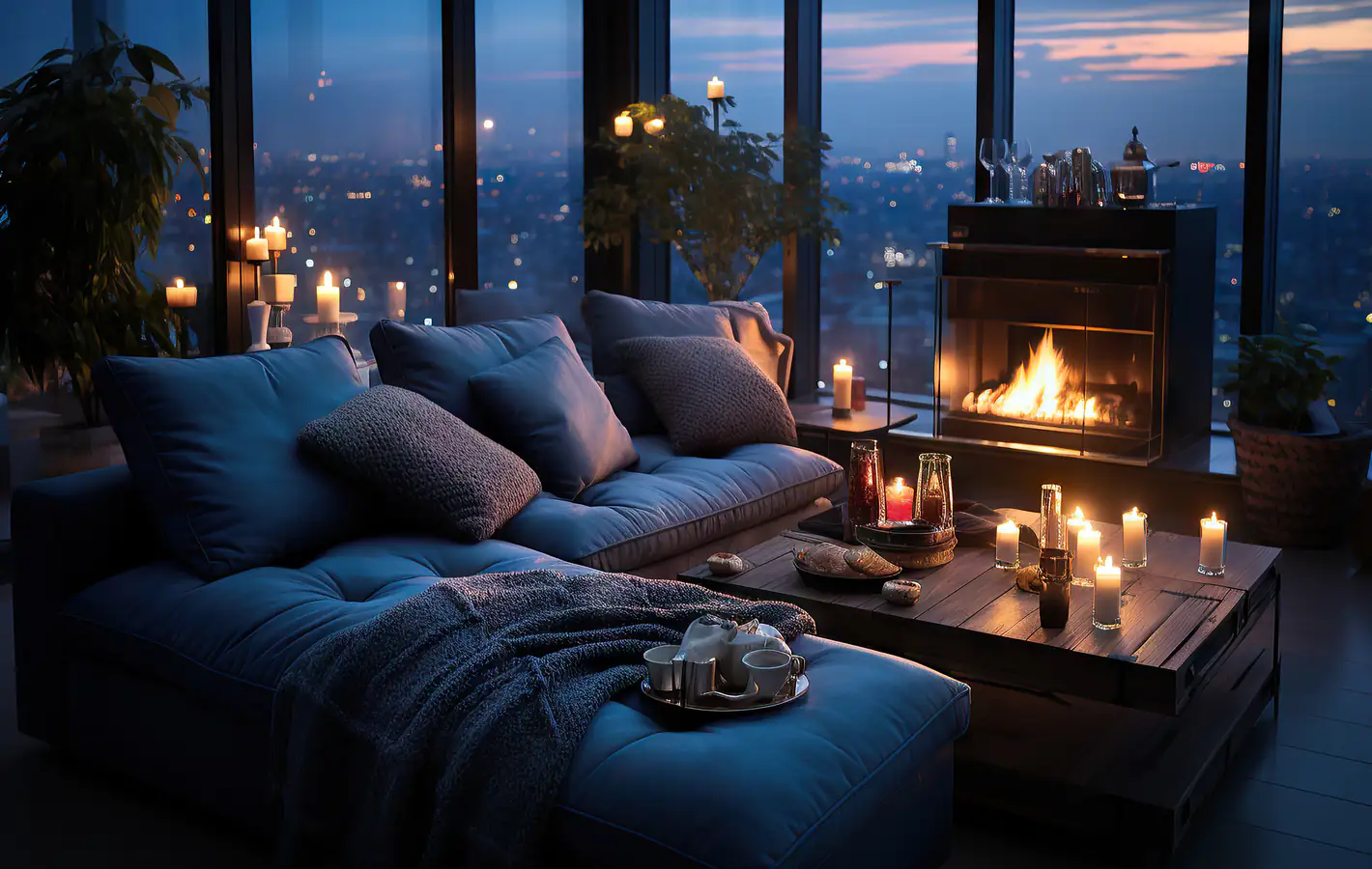 Living room with fireplace on a high floor — desktop and phone wallpaper, free download